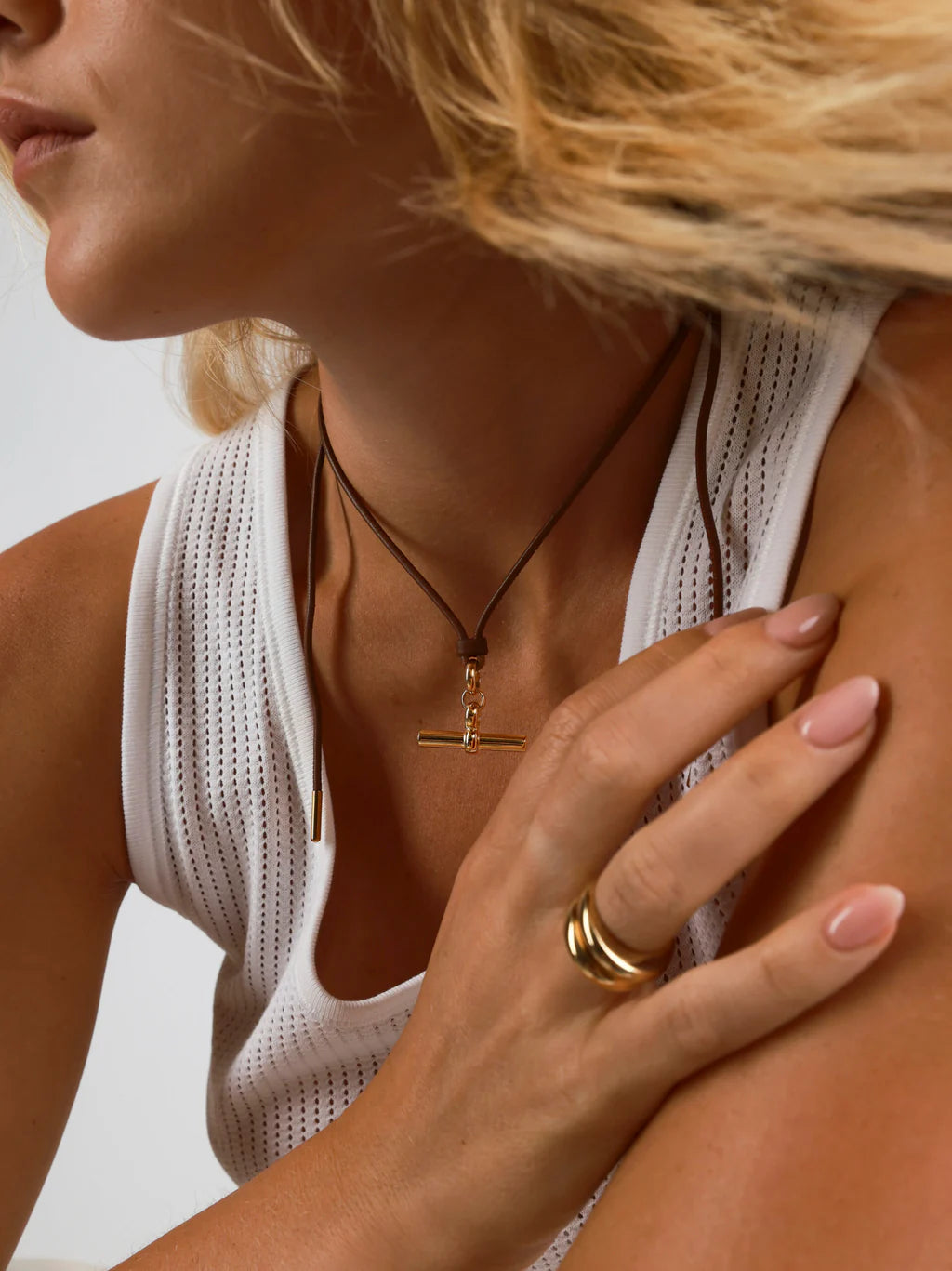 Tilly Sveaas Medium Gold T Bar on Brown Leather Necklace