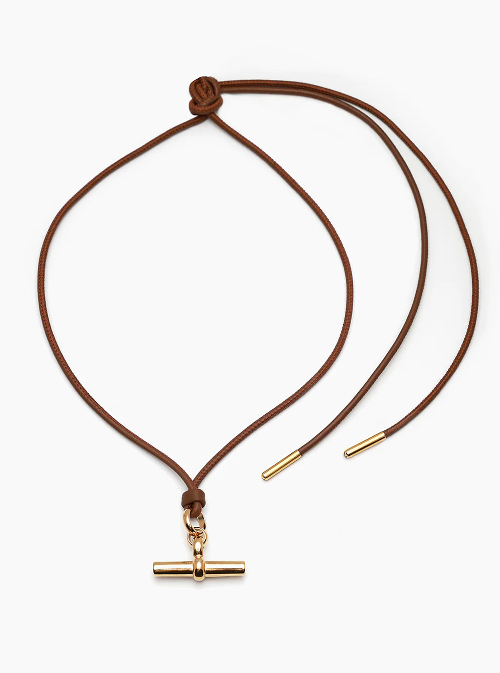 Tilly Sveaas Medium Gold T Bar on Brown Leather Necklace