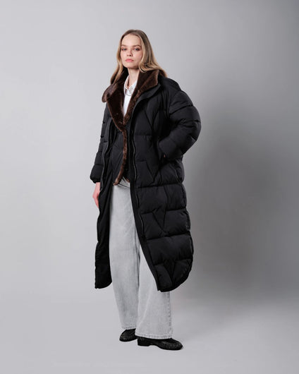 Vegancode 20494 Quilted Maxi Coat with Faux Fur Insert - Black