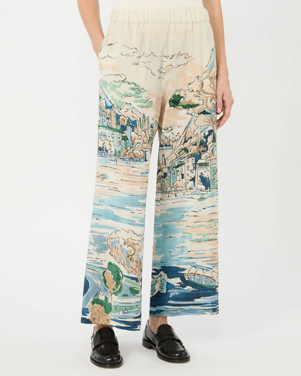 Weekend Max Mara Curva Printed Silk Trousers in Light Blue