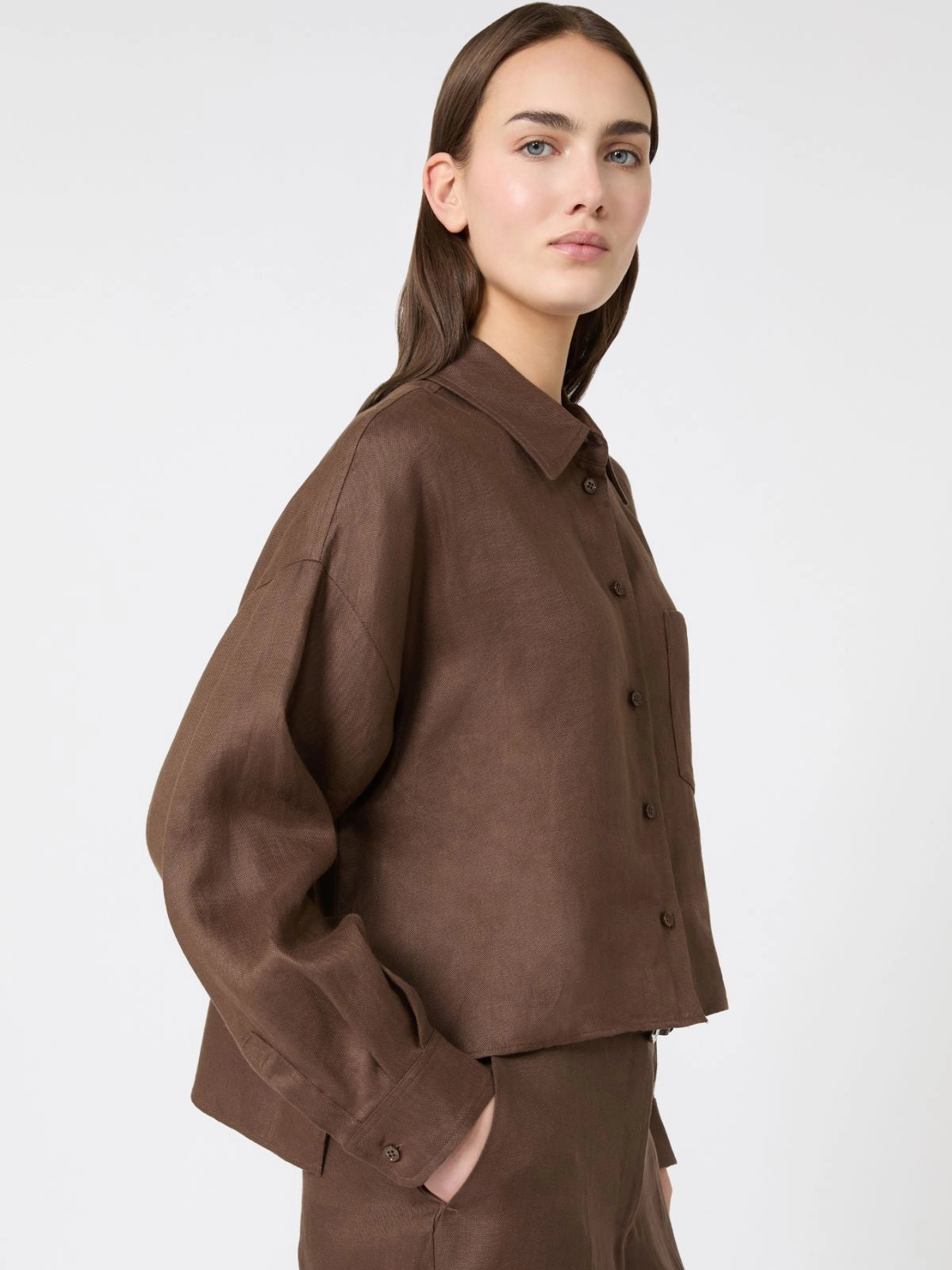 Weekend Maxmara Capo Linen Shirt in Chocolate, side image