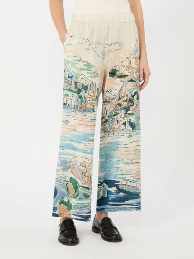 Weekend Max Mara Curva Printed Silk Trousers in Light Blue