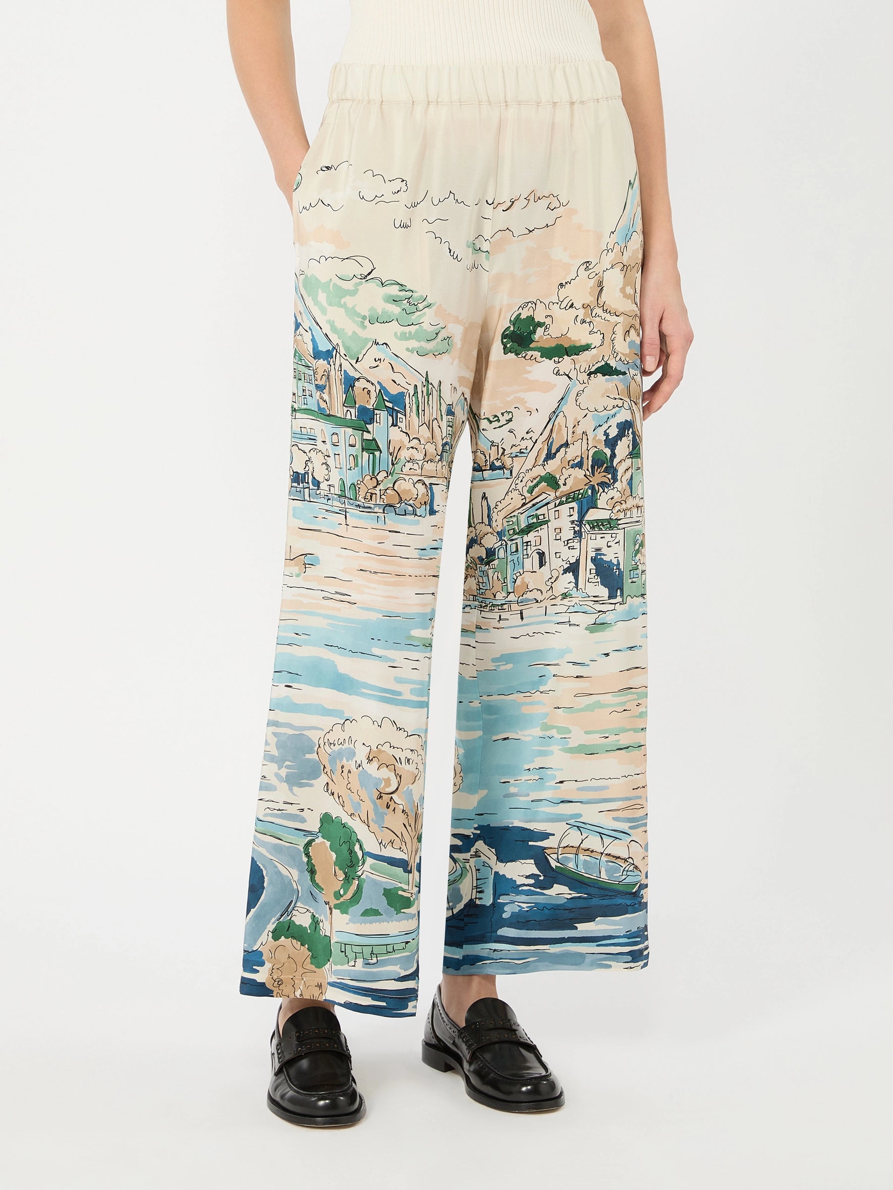 Weekend Max Mara Curva Printed Silk Trousers in Light Blue