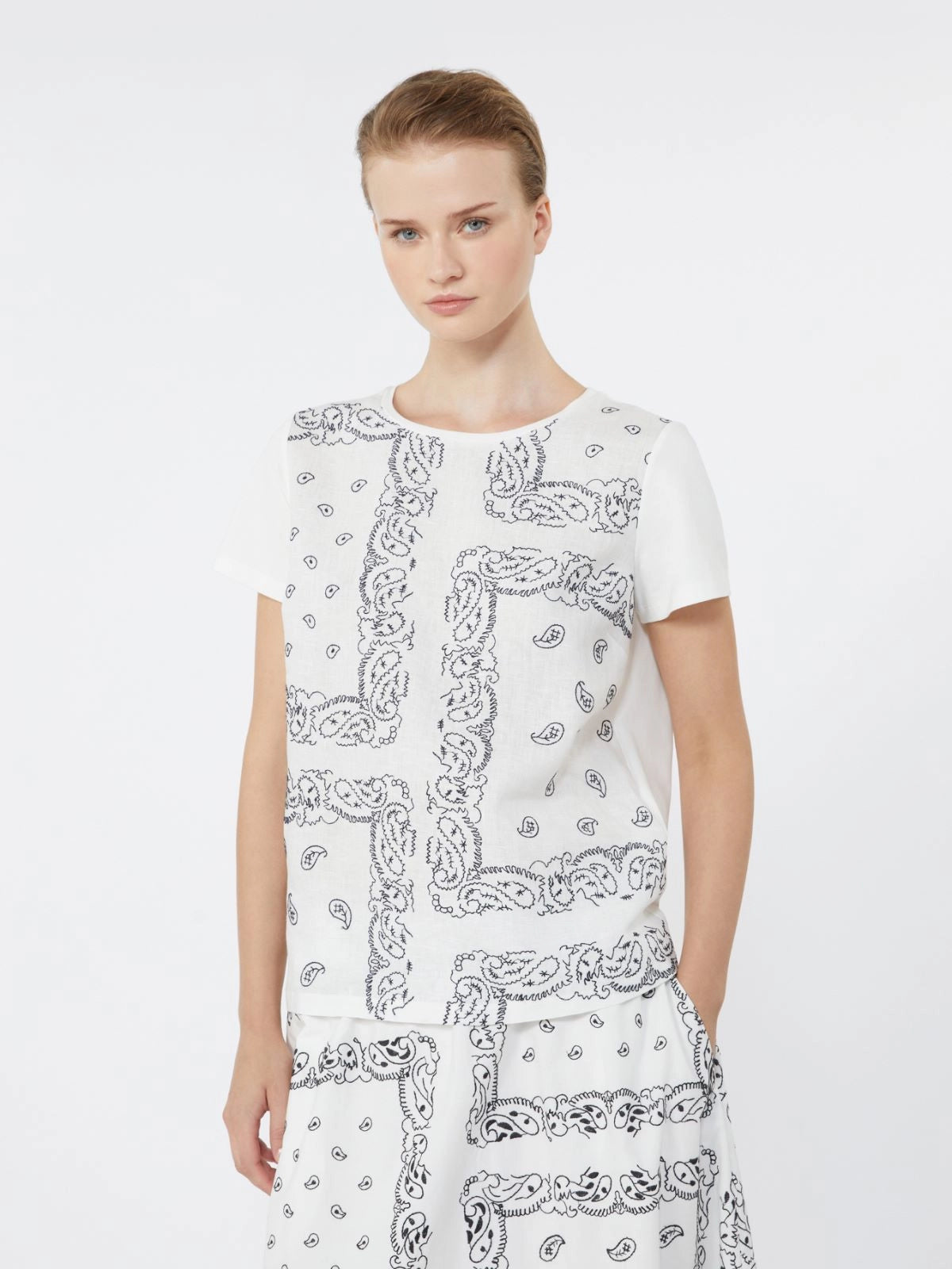 Weekend Max Mara Genio Tee White & Black Embroidered Linen