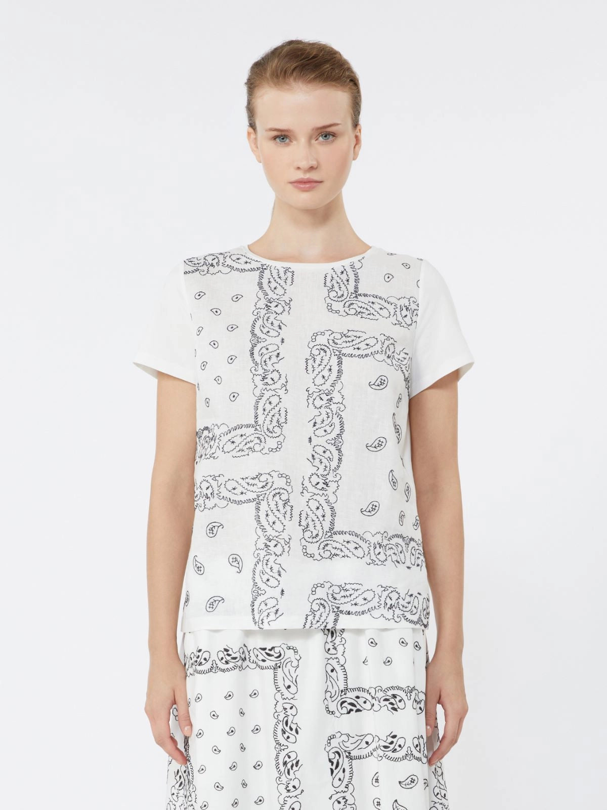Weekend Max Mara Genio Tee White & Black Embroidered Linen
