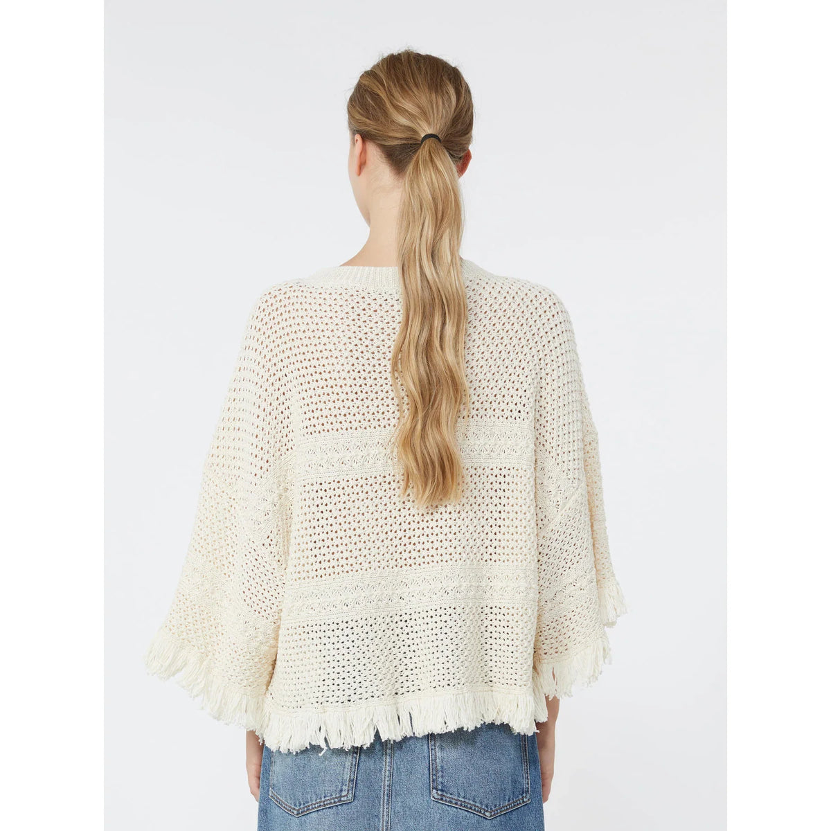 Weekend Maxmara Palato Knitted Top in Ecru Back view of a person wearing a cream knitted sweater with fringes on a white background