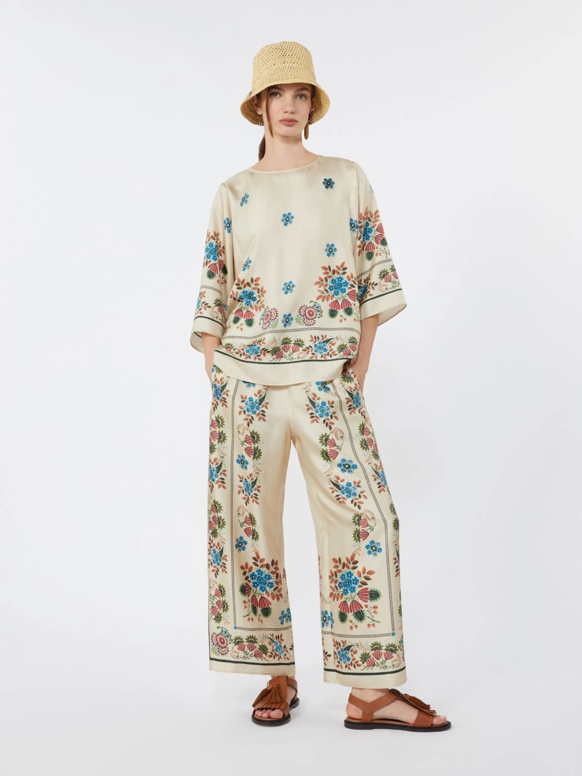 Weekend Maxmara Snack Printed Silk Trousers in Ivory  Flowers