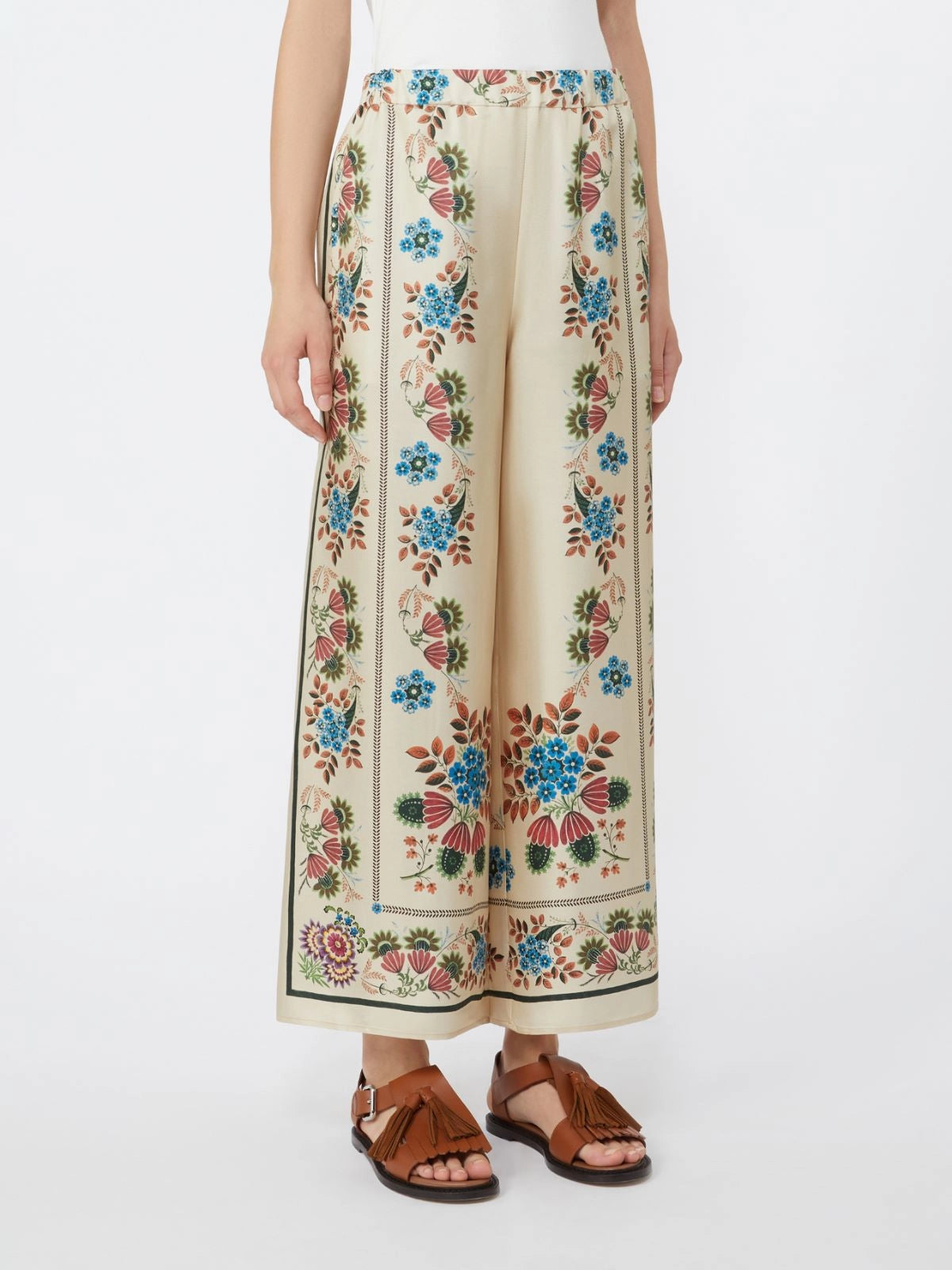 Weekend Maxmara Snack Printed Silk Trousers in Ivory  Flowers