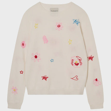 Jumper1234 Floral Tribute Crew in Cloud Dancer Multi