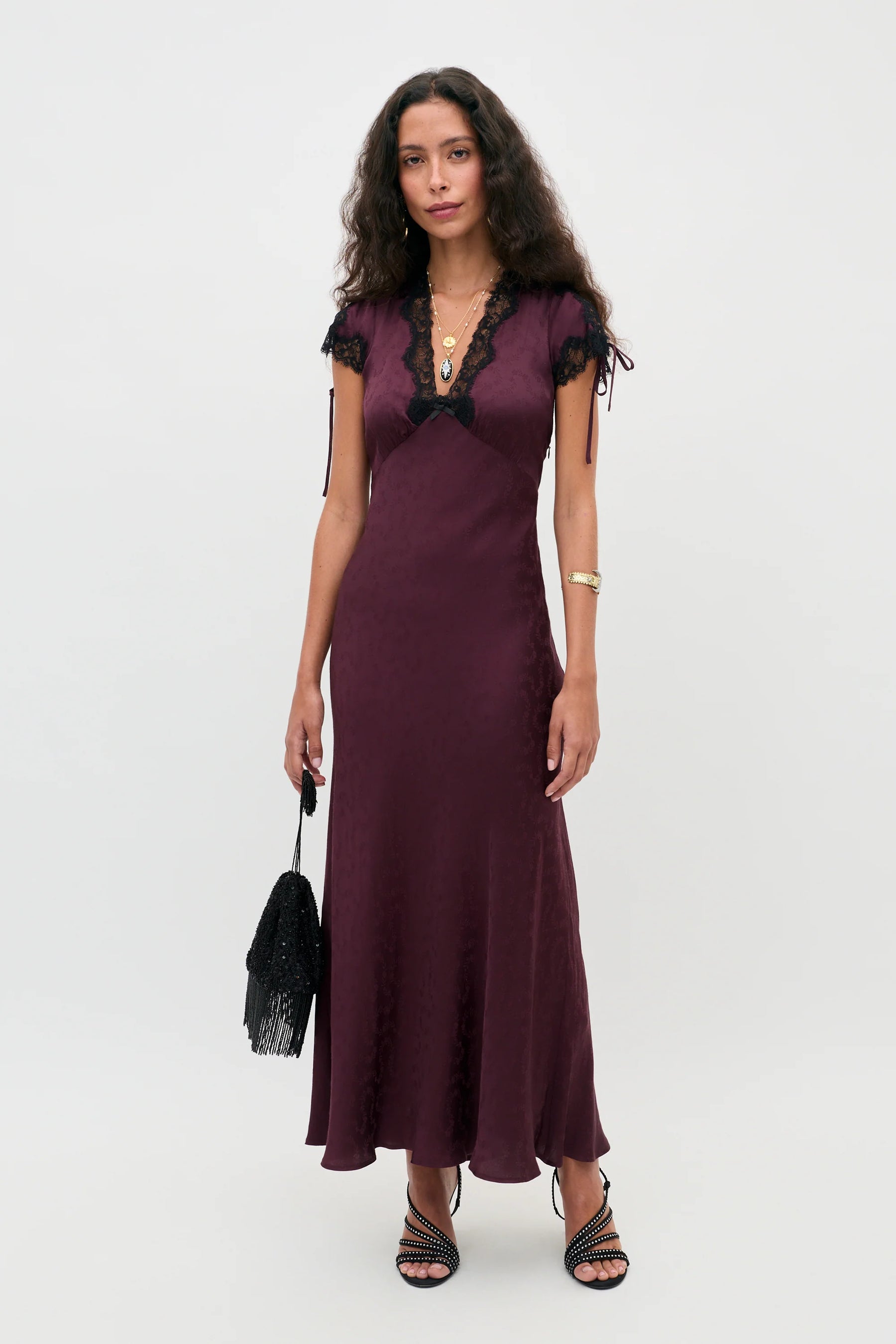 RIXO Fern Floral Trail Jacquard Dress - Wine