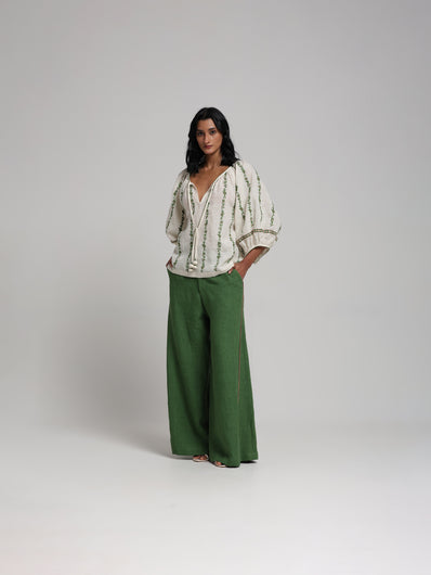Viam Liliana Linen Blouse in Green