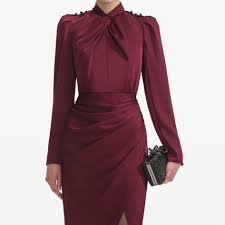 Self Portrait 911 Satin Midi Dress in Bordeaux