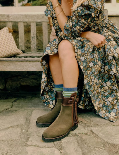 Penelope Chilvers Inclement Cropped Tassel Boot in Seaweed, Conker