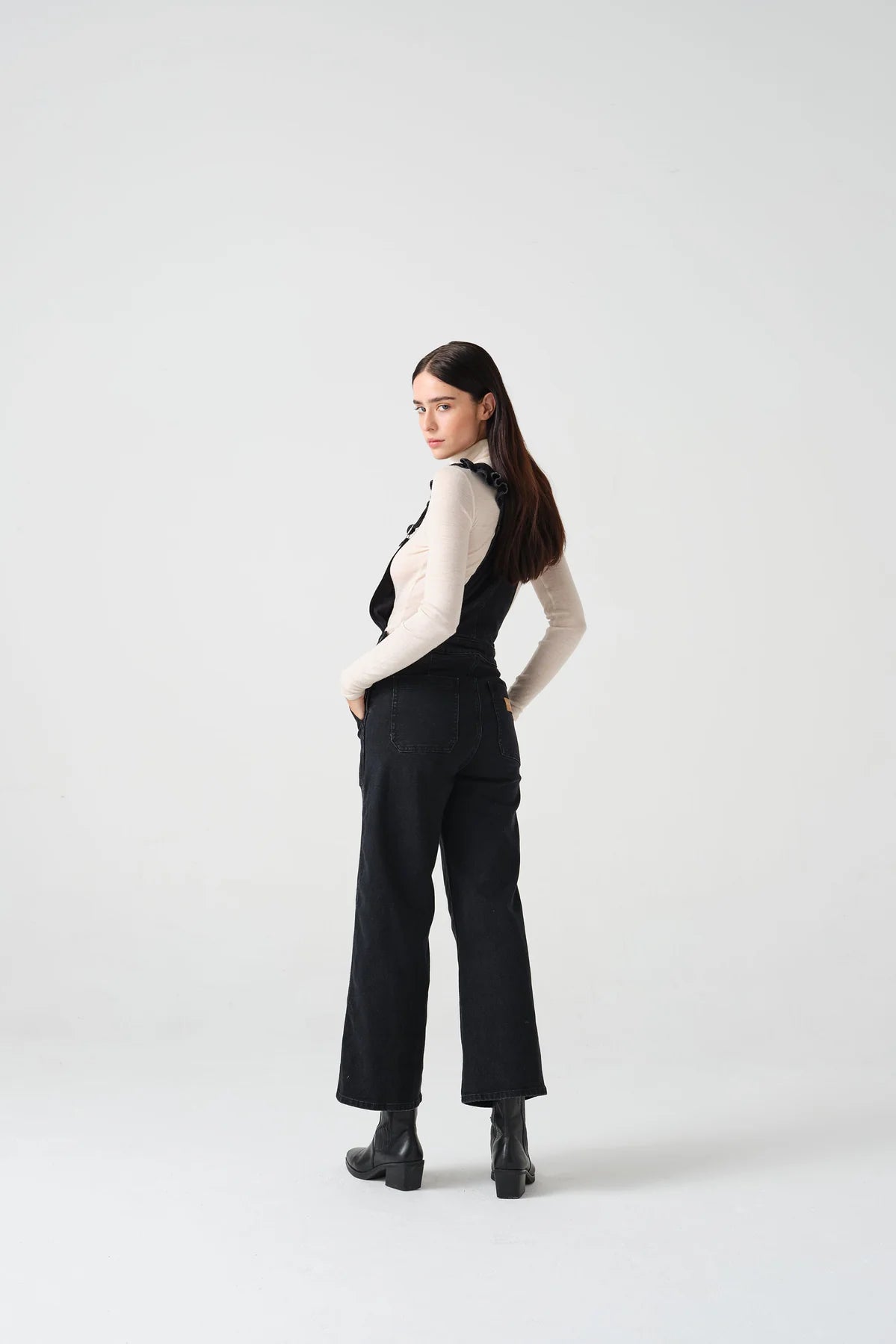 S&M Elodie Frill Dungarees in Washed Black