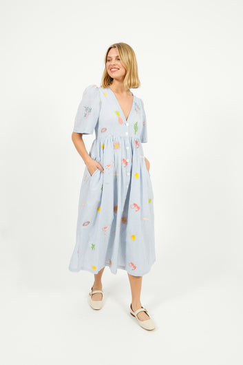 Primrose Park Lola Dress in Icons Embroidered Blue Stripe – cotton striped maxi with icons embroidery