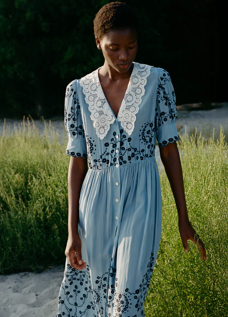 Sea New York Frances Print SS Midi Dress in Blue