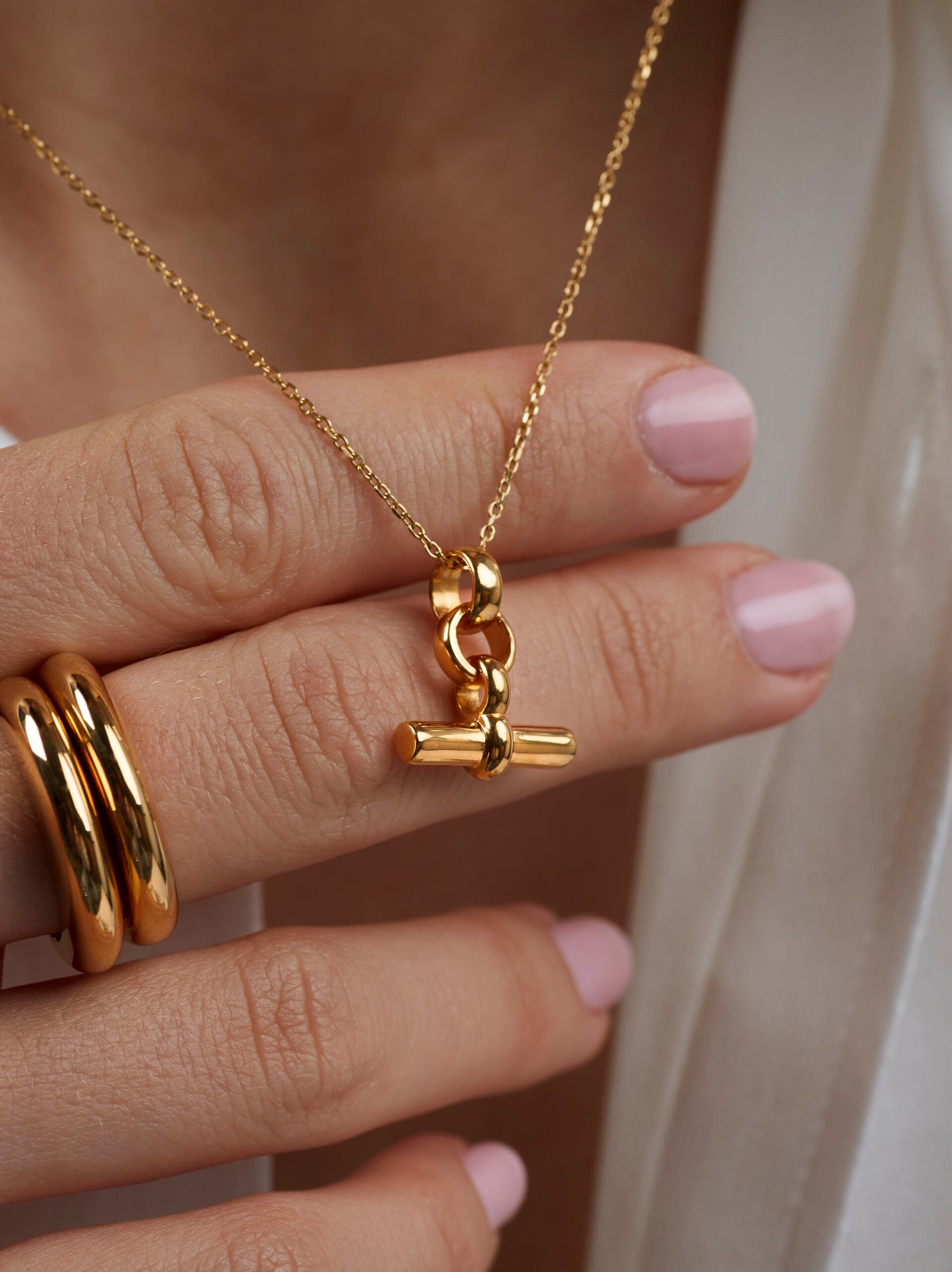 Tilly Sveaas Mini Gold T Bar Necklace on Trace Chain