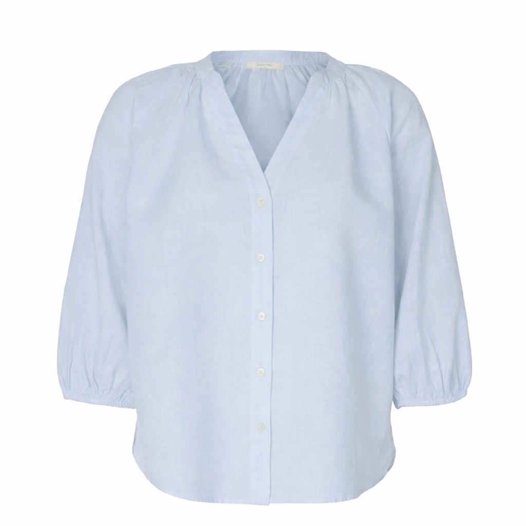 SELECTED Cleo Alberta Linen Top in Dusty Blue