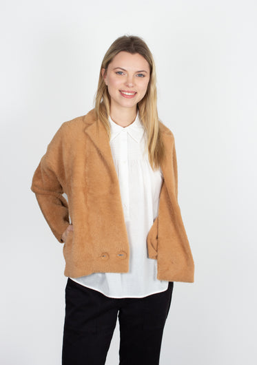 Essentiel Antwerp Blue knit collared hazelnut jacket
