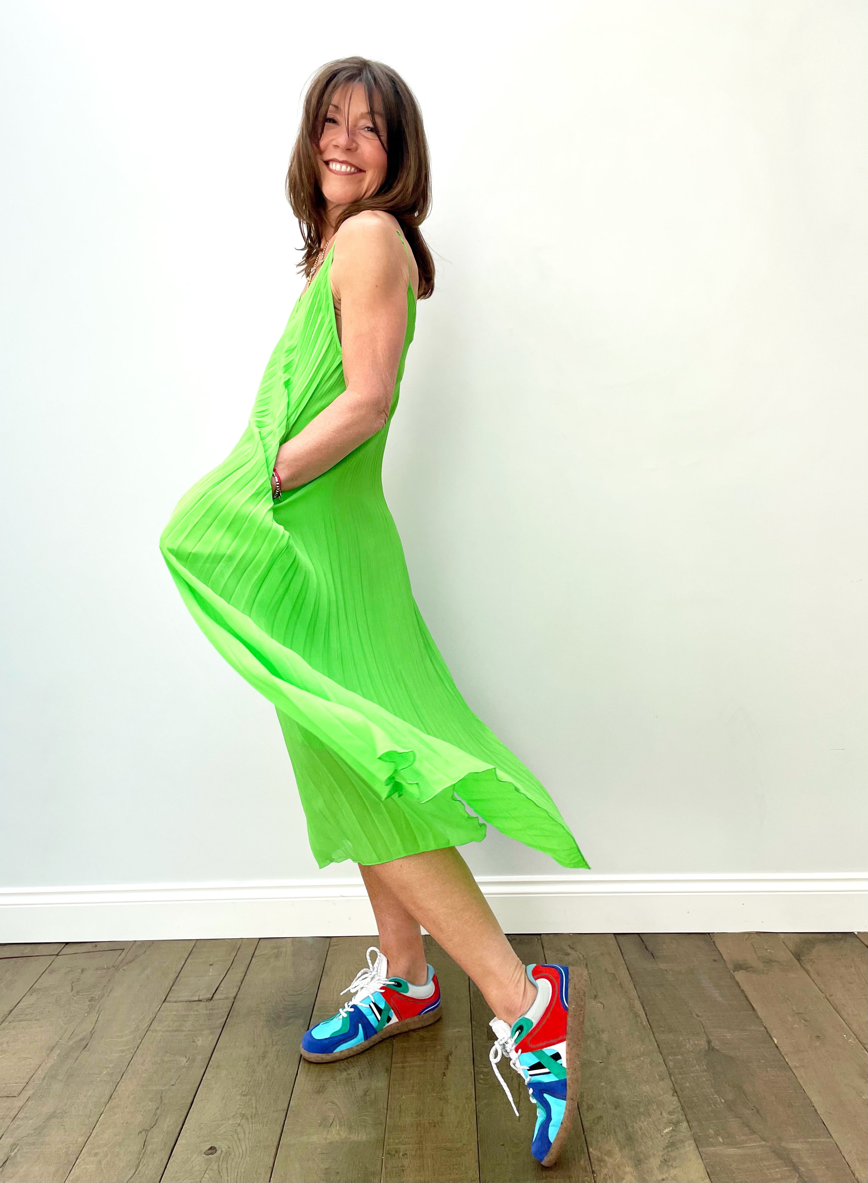 EA Zague Pleated Slipdress in Flash Lime