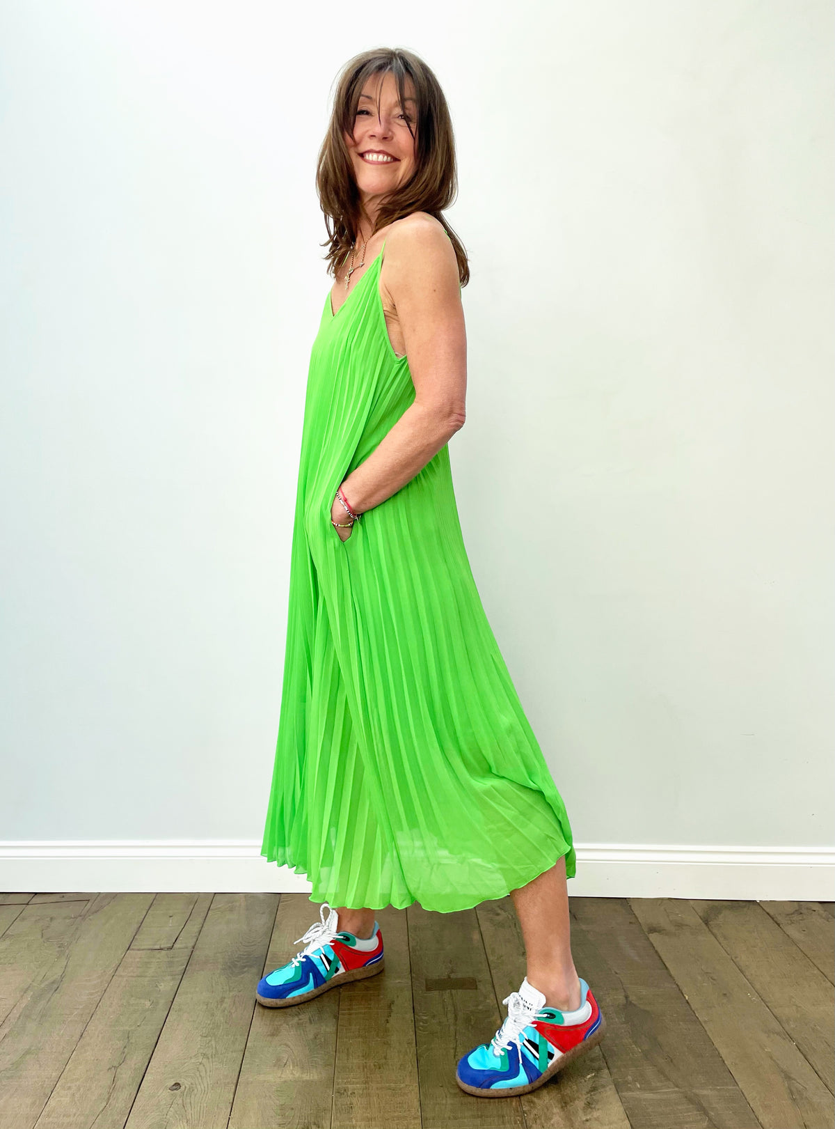 EA Zague Pleated Slipdress in Flash Lime