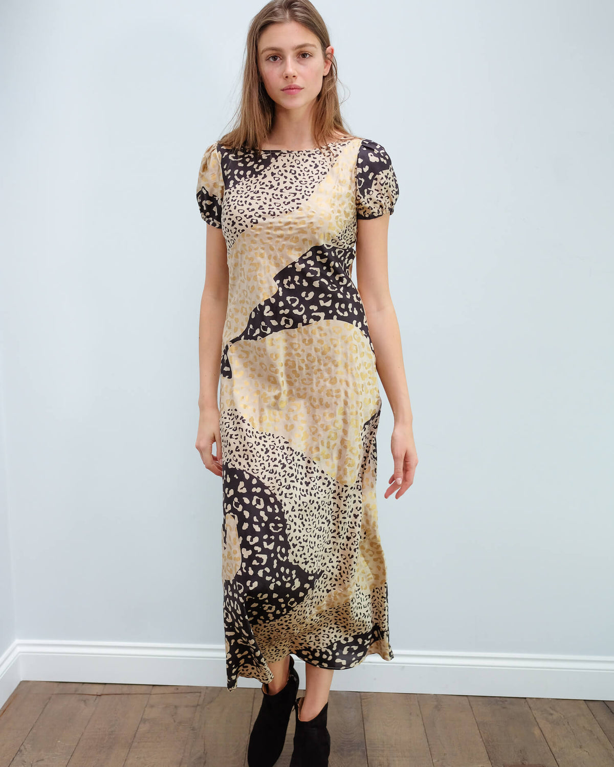 RIXO Reese dress in gold patchwork leopard