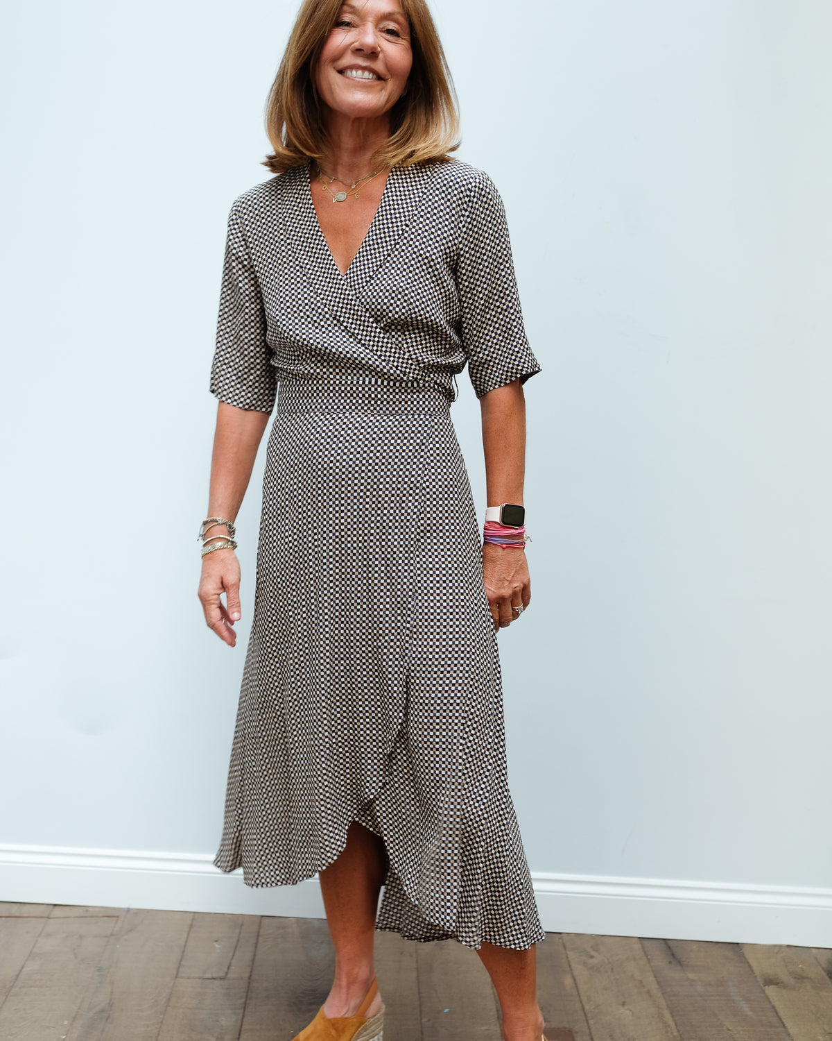 GANNI F4993 Printed crepe wrap dress in tannin