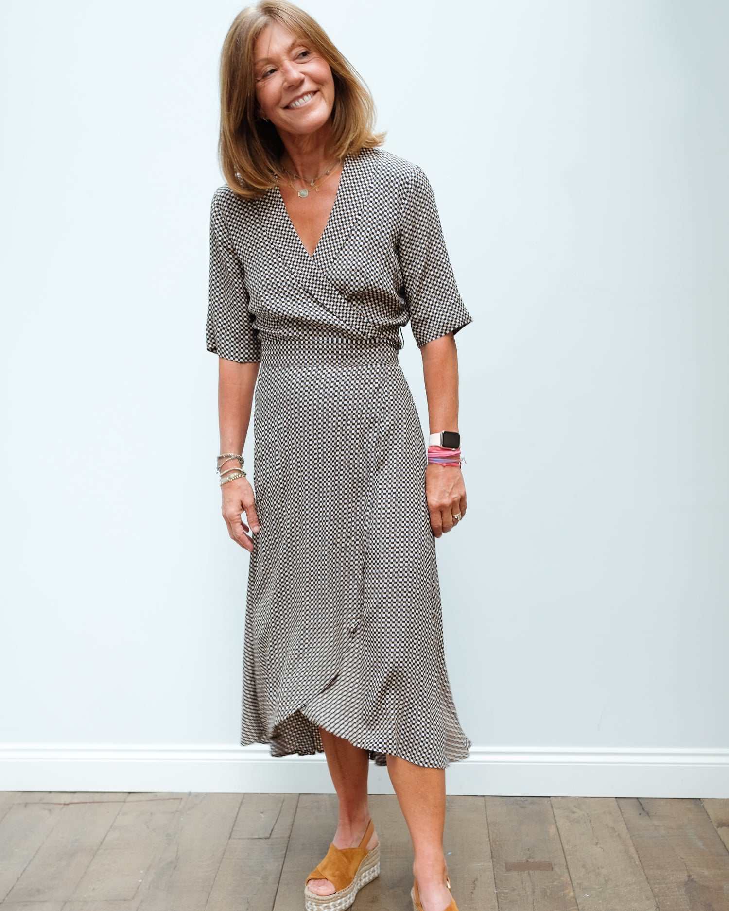 GANNI F4993 Printed crepe wrap dress in tannin