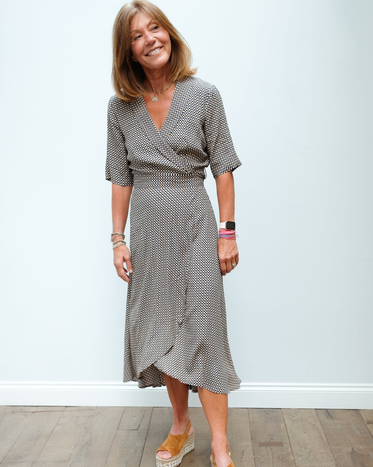 GANNI F4993 Printed crepe wrap dress in tannin