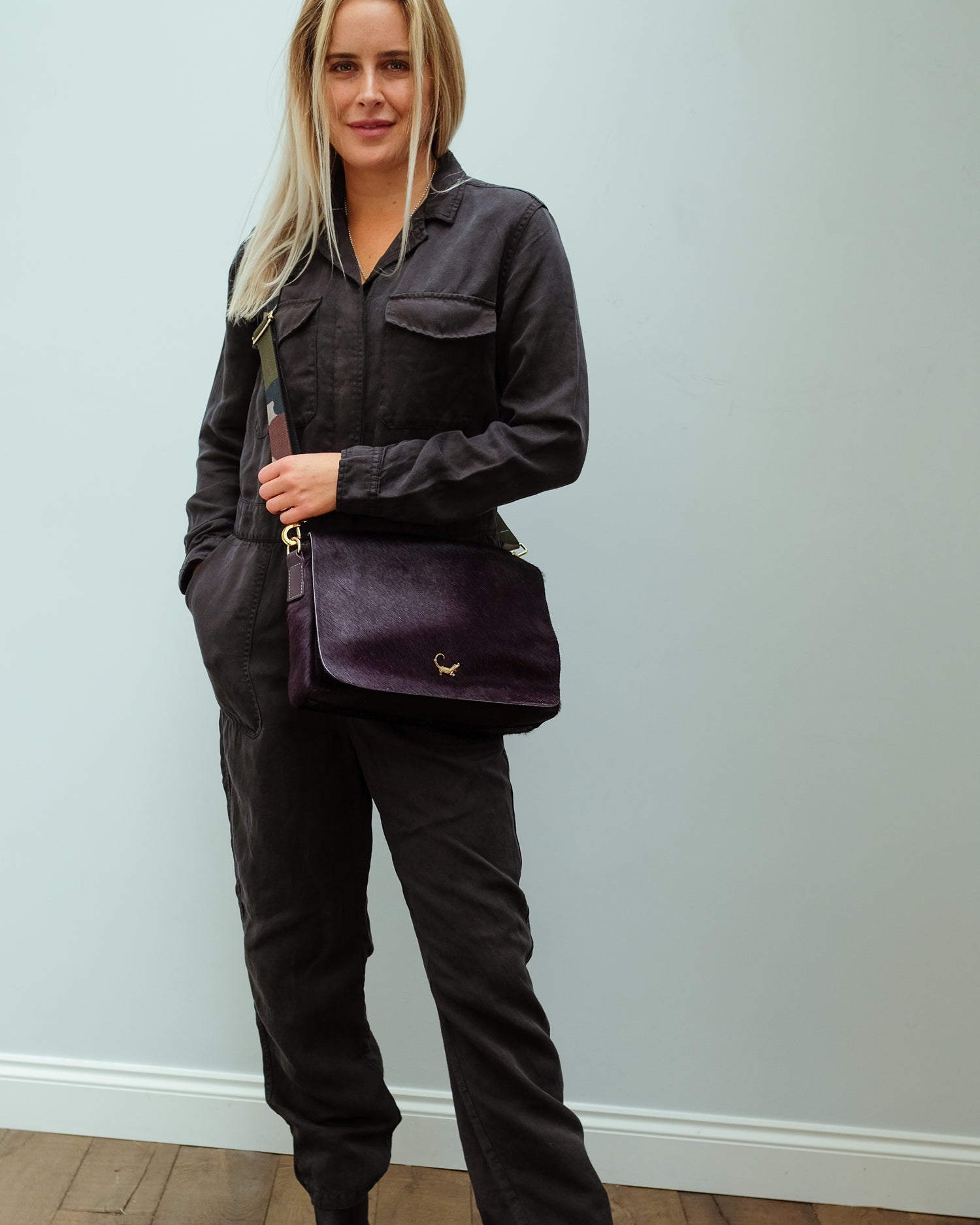 SLP Gin Fizz Bag in Prune with Crocodile Motif and Camo Strap