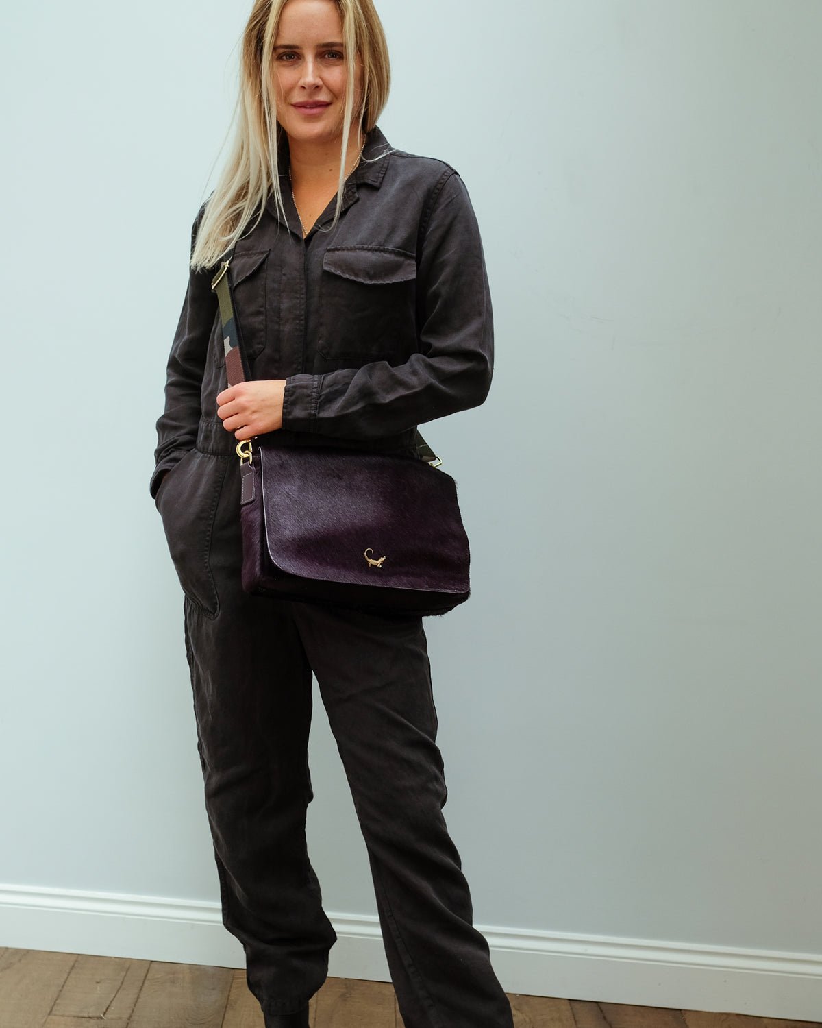 SLP Gin Fizz Bag in Prune with Crocodile Motif and Camo Strap