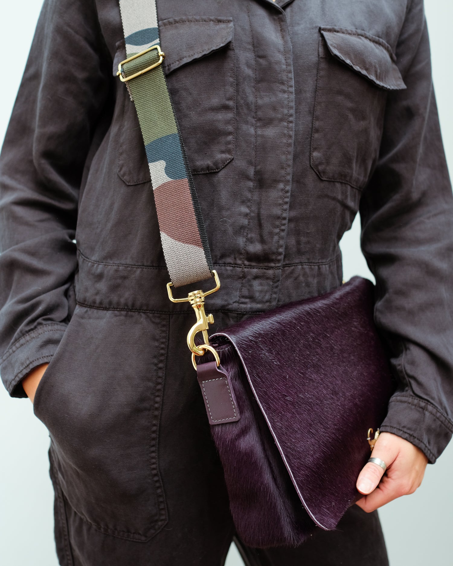 SLP Gin Fizz Bag in Prune with Crocodile Motif and Camo Strap