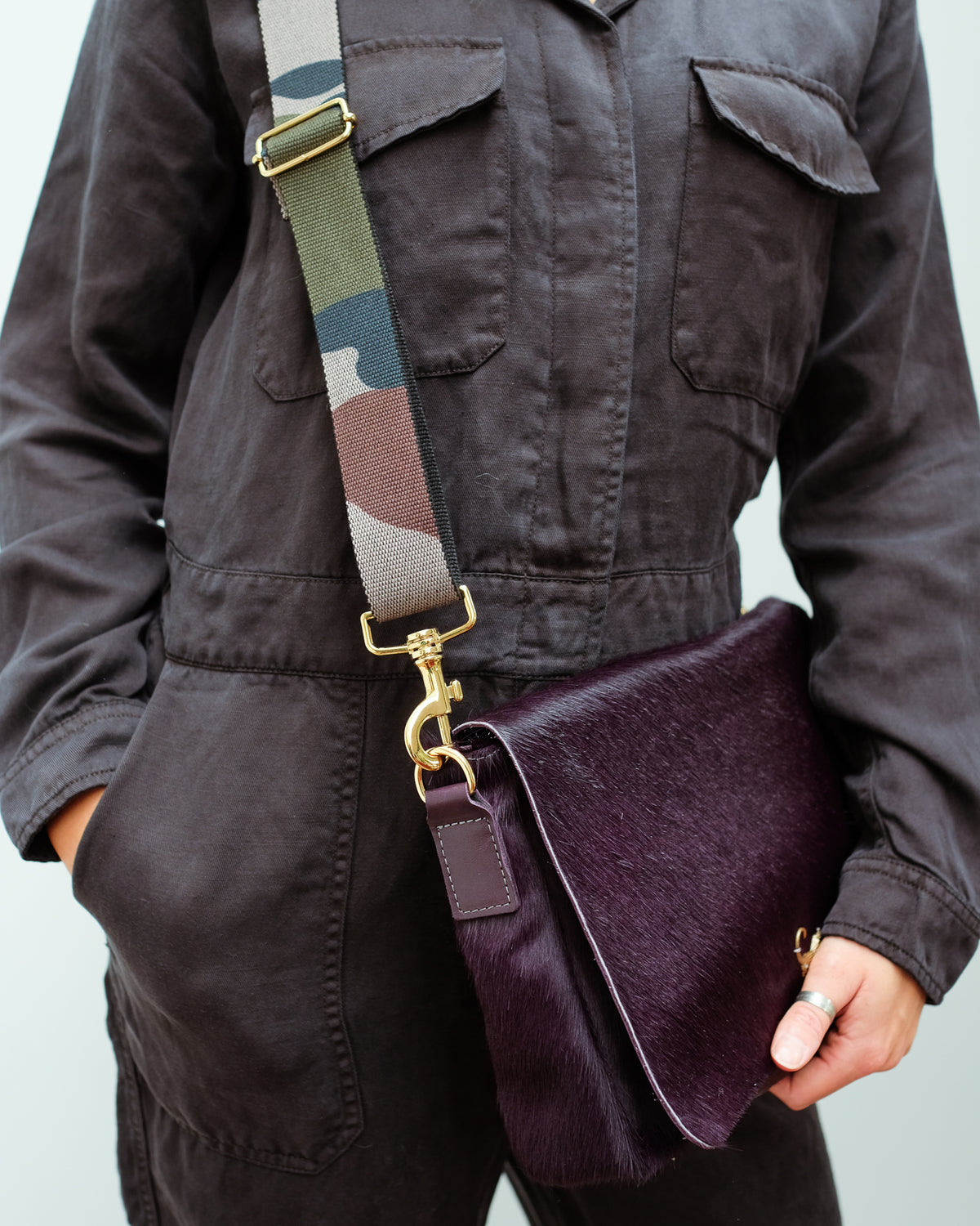 SLP Gin Fizz Bag in Prune with Crocodile Motif and Camo Strap