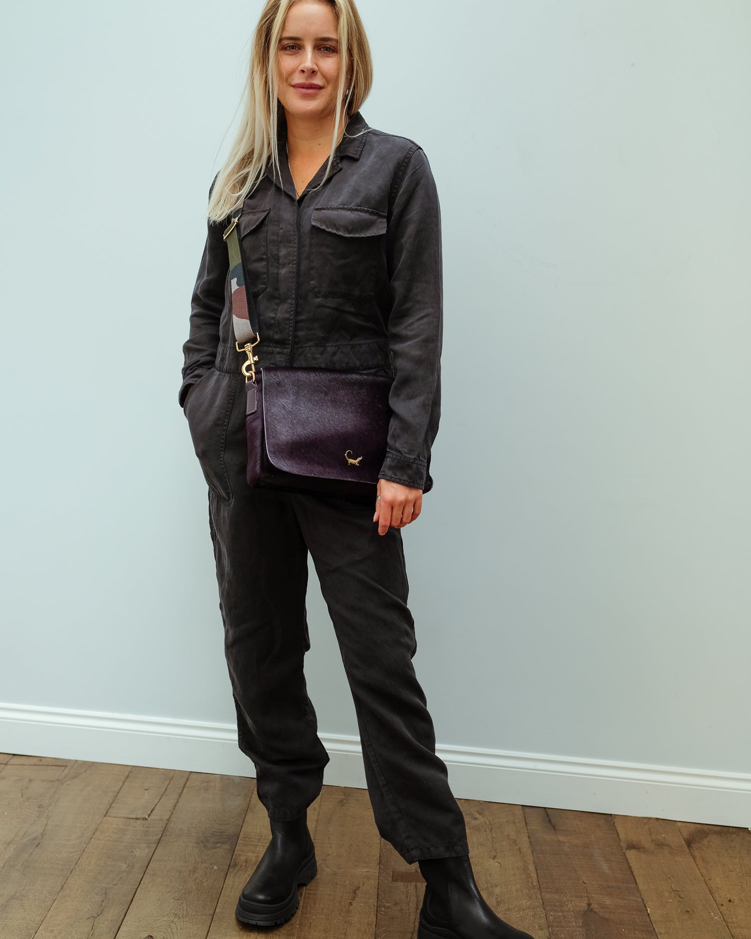 SLP Gin Fizz Bag in Prune with Crocodile Motif and Camo Strap