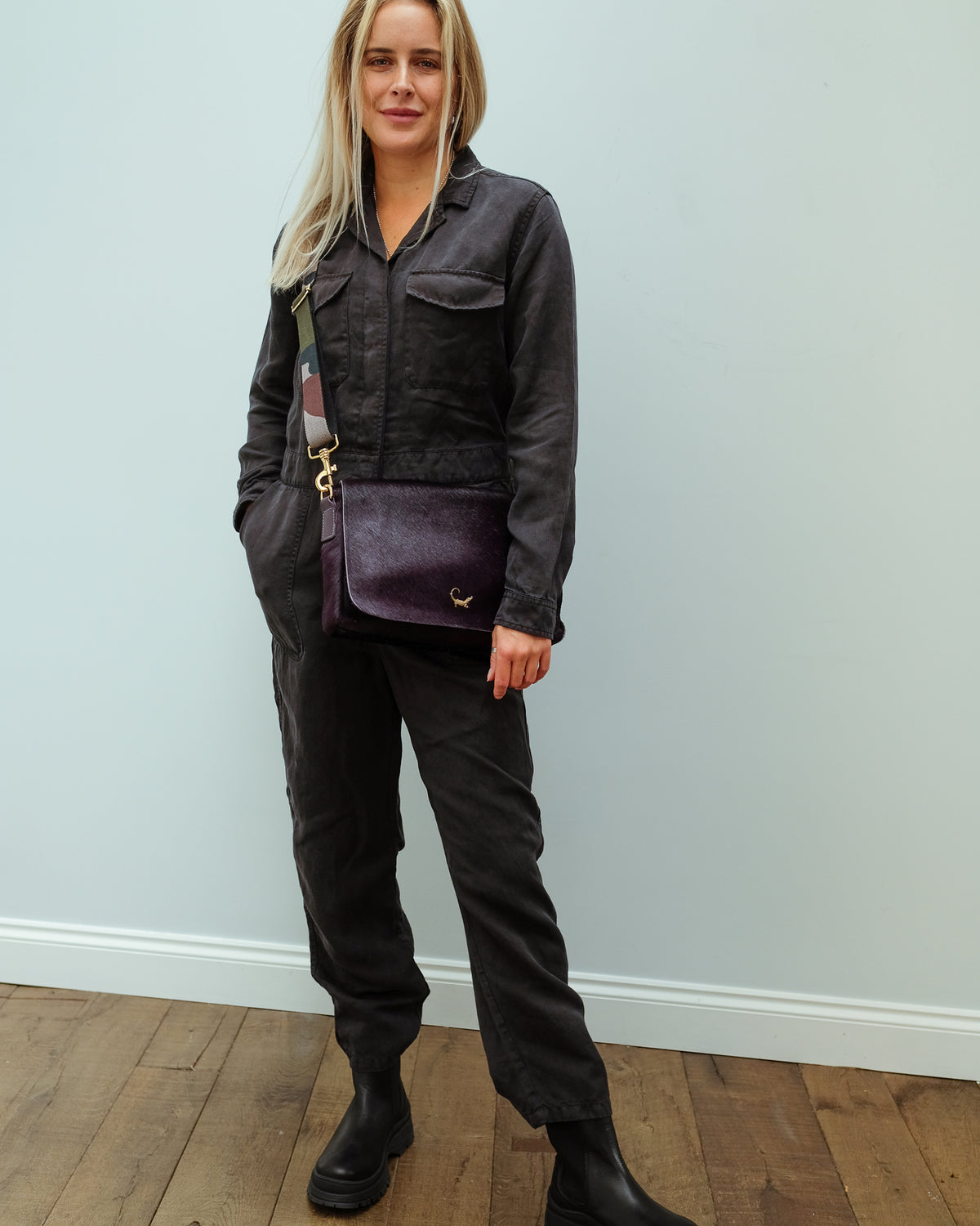 SLP Gin Fizz Bag in Prune with Crocodile Motif and Camo Strap