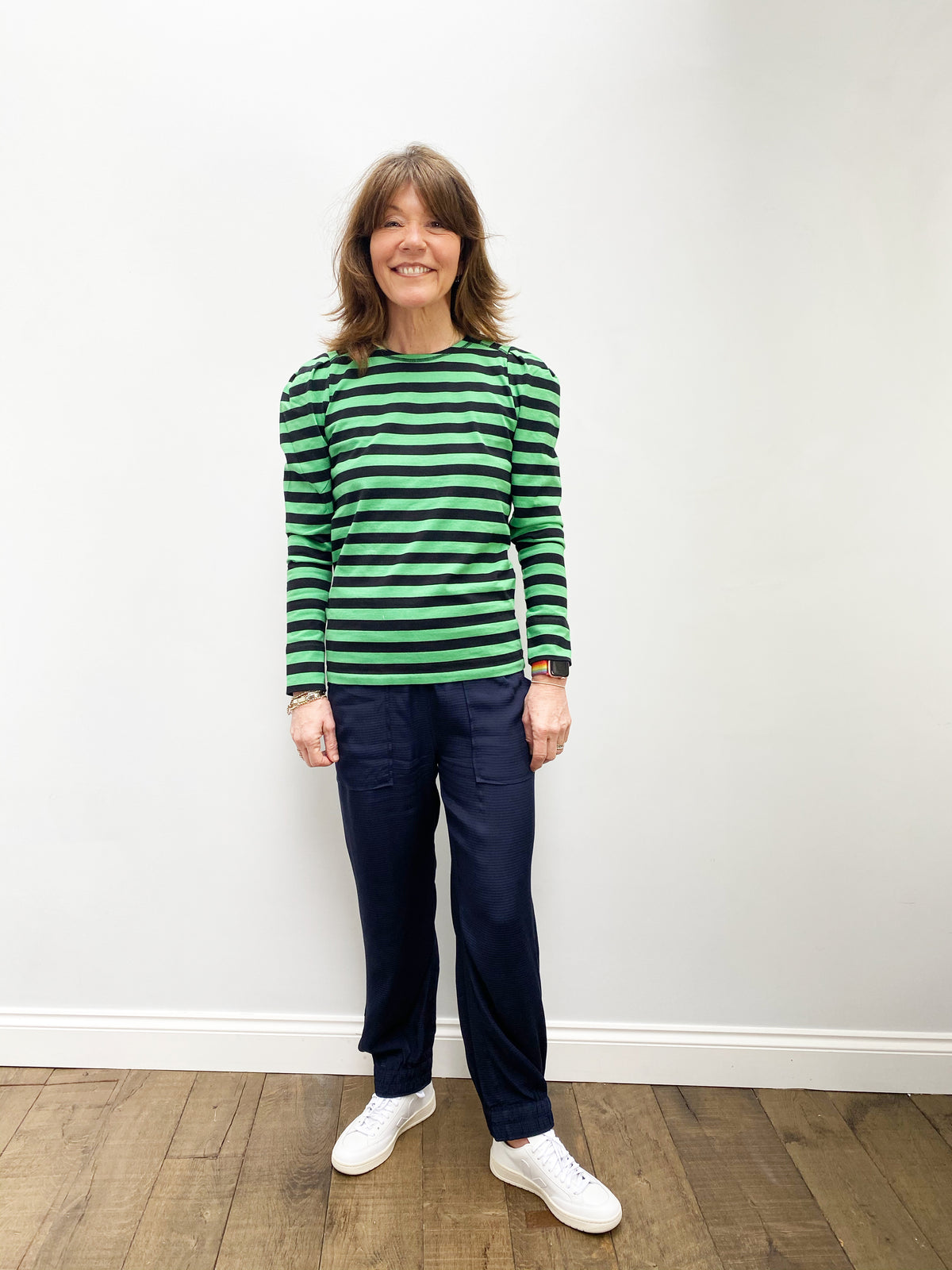 GANNI T2776 Striped Cotton Jersey in Kelly Green