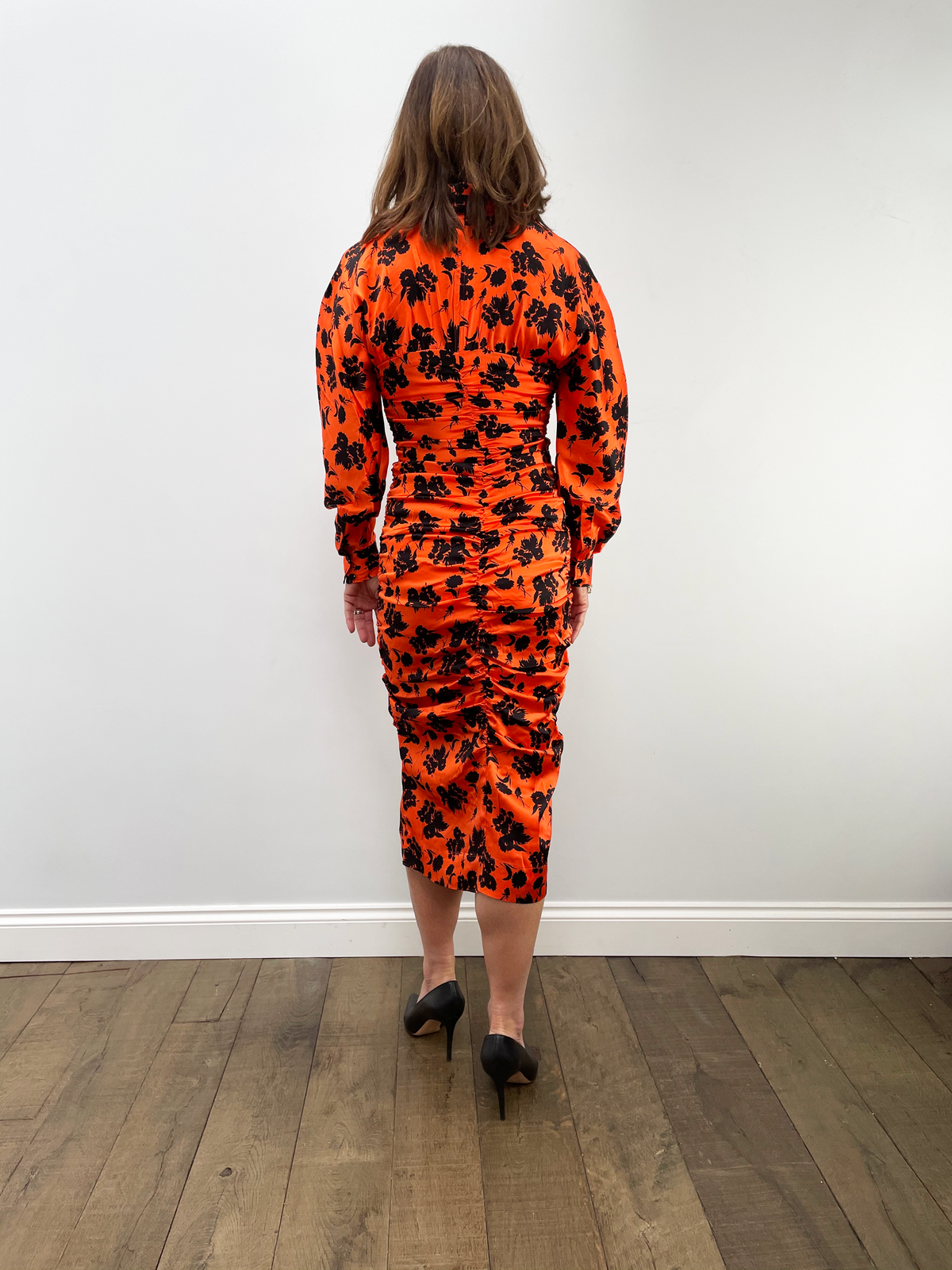 GANNI F5491 Silk Stretch Satin Printed Dress in Flame