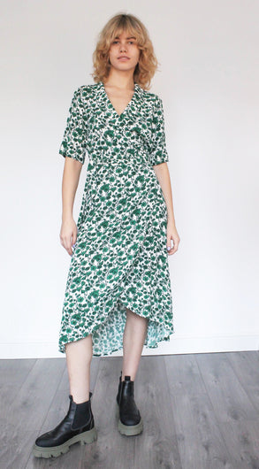 GANNI F6268 Printed Wrap Dress in Dark Green