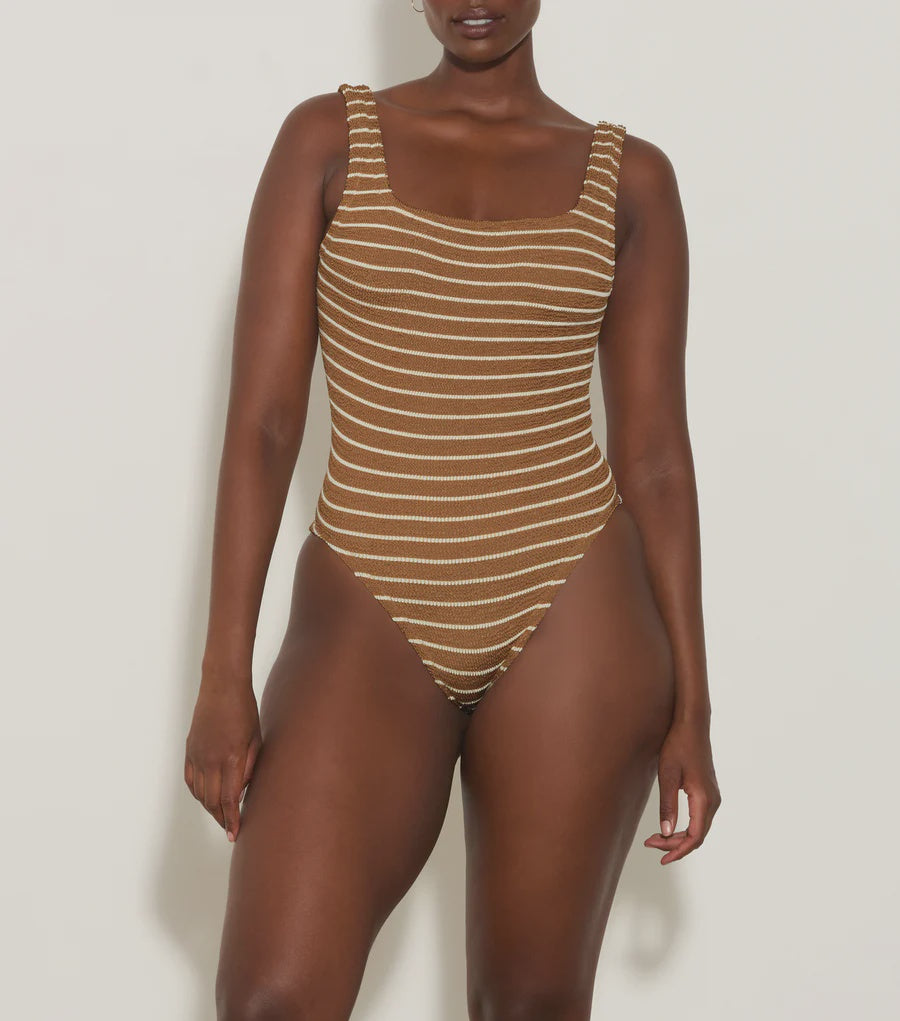 HG Square Neck Swim in Cocoa, White Stripe